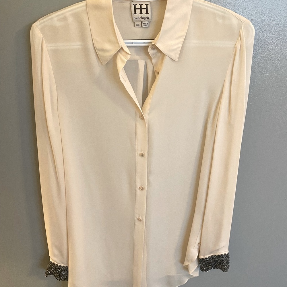 Haute Hippie Jewel Cuff Silk Shirt *100% Silk*